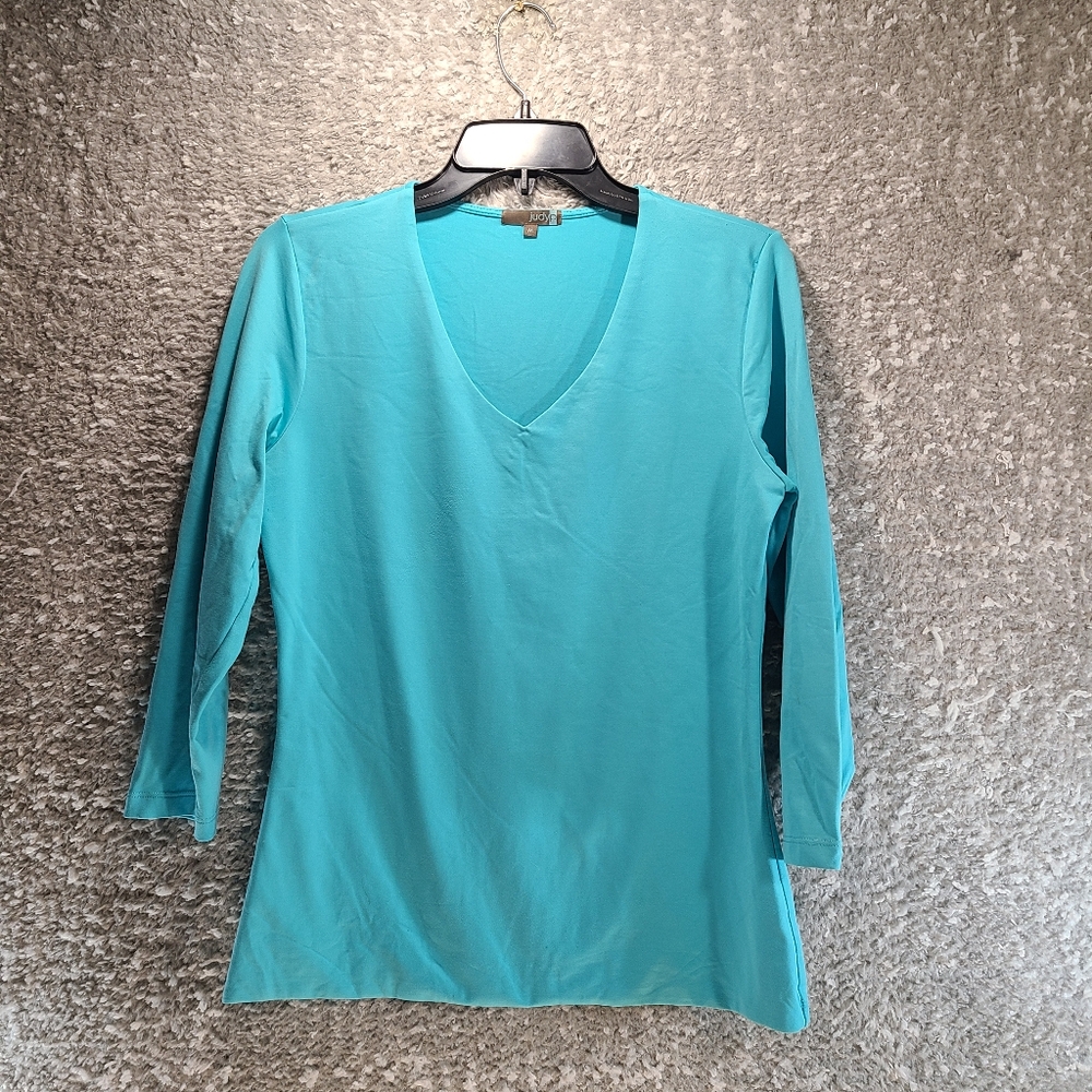 Judy‎ P V Neck 3/4 Sleeve Jersey Knit Top Size Medium Blue Micro Nylon USA Made